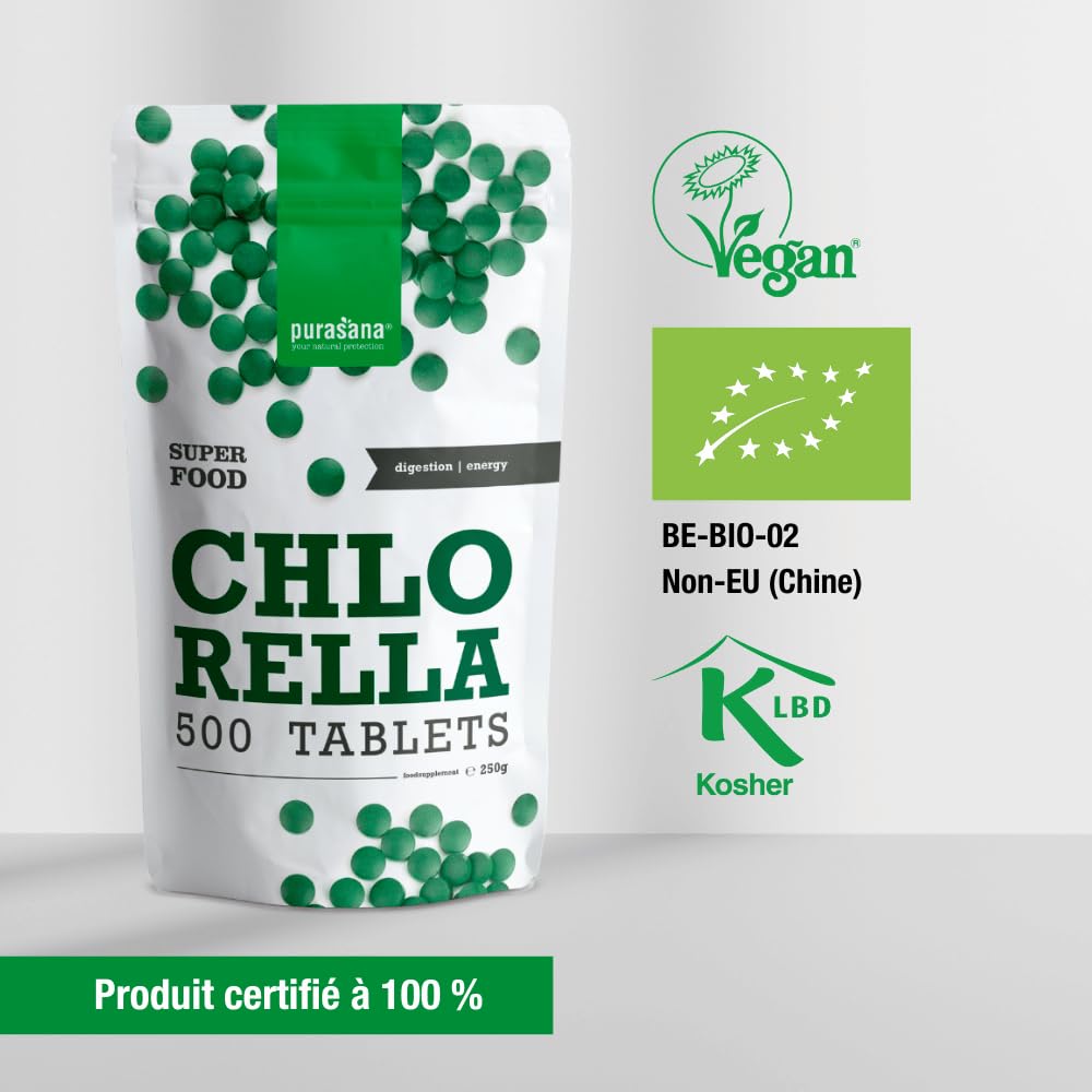 Purasana® Chlorella Biologique Pure Bio, 500 comprimés, 1500 mg par Dose. Paroi Cellulaire Brisée. Satiété Naturelle. Détox. Protéines Végétaliennes, Chlorophylle Biologique. Energie et Vitalité