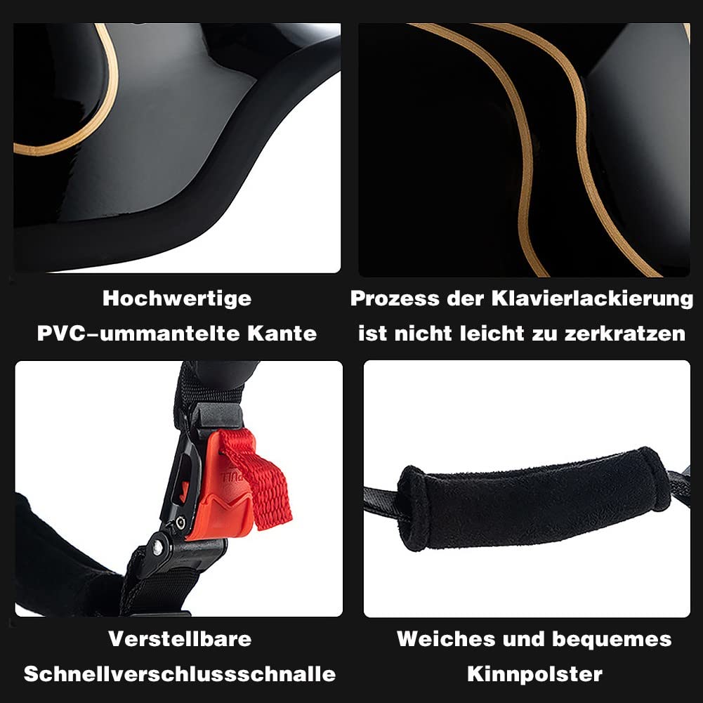 Deutsche Motorrad Halbhelme mit ECE, Jethelm Retro, Chopper Helm, Scooter-Helm, Fahrradhelm, mit Herausnehmbares Innenfutter und Schnellverschlussschnallen M~XXL 57~64CM