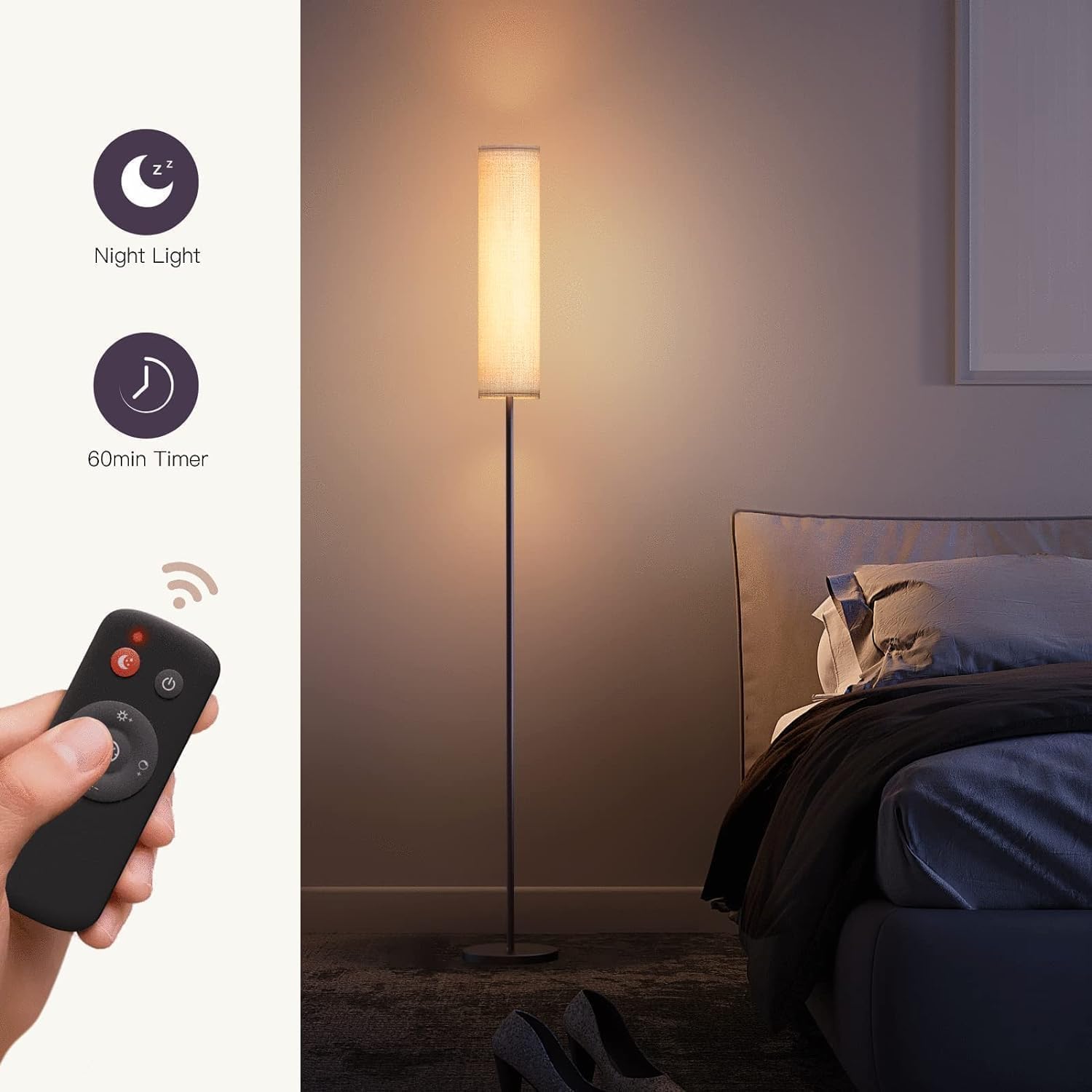 Lithomy Lampada da Terra, 12W Piantana Salotto con Telecomando Lampade da Terra con 4 Temperature Colore e Modalità Luce Notturna, Lampada da Terra LED per Soggiorno, Camera da Letto, Studio