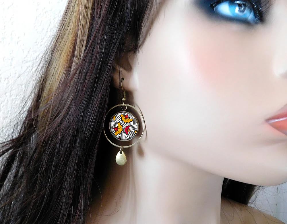 Boucles d'oreilles wax jaune et rouge Afrique ethnique tendance cadeau bijou femme