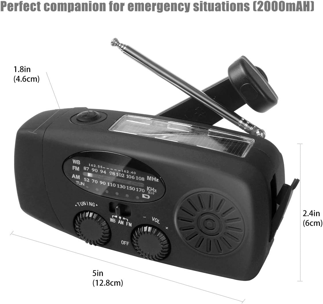 Upgraded Emergency Solar Hand Crank Radio with LED Flashlight, Portable Am Fm NOAA Weather Radio, 2000mAh Solar Power Bank Cell Phone Charger for Home and Outdoor（Black）
