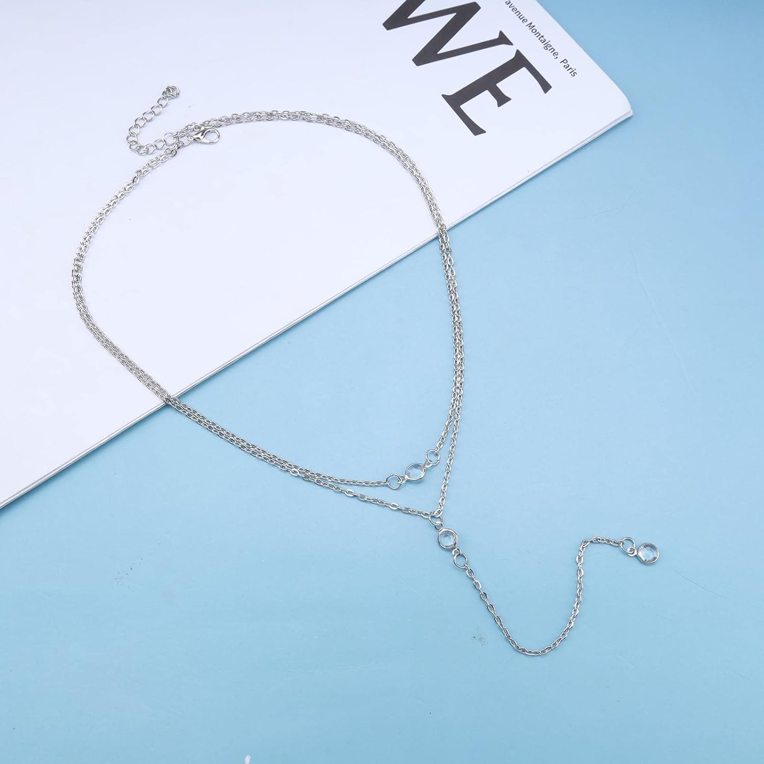 Andelaisi Boho Layered Crystal Y Lariat Necklace Silver Rhinestone Y Necklace Vintage Cz Y Drop Necklace Chain Long Crystal Pendant Necklace Jewelry for Women - Image 3