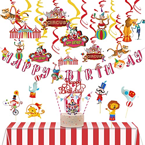 YiiiGoood Zirkus Geburtstag Deko Kindergeburtstag Banner Happy Birthday Kuchendeko Deckenhänger Tischdecke Rot Cover