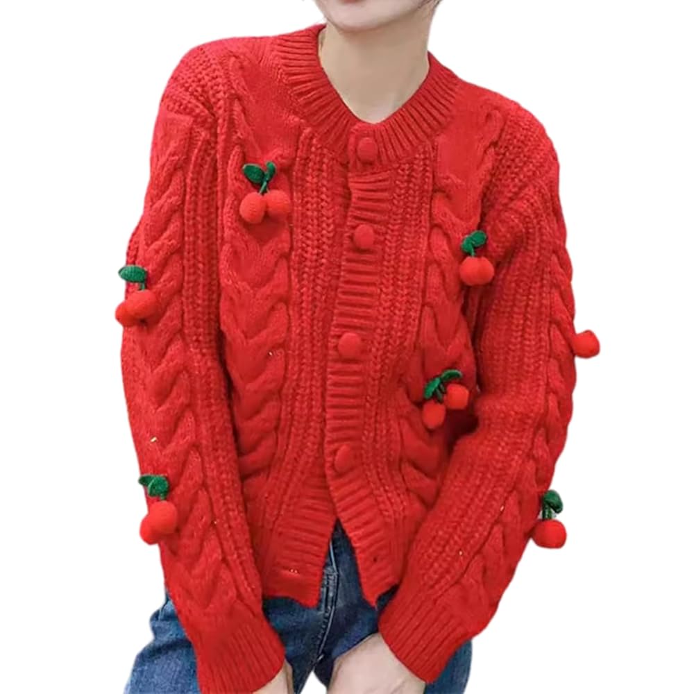 トップス andequal unique button cardigan red Women's Retro Cable Knit Cardigan with 3D Cherry