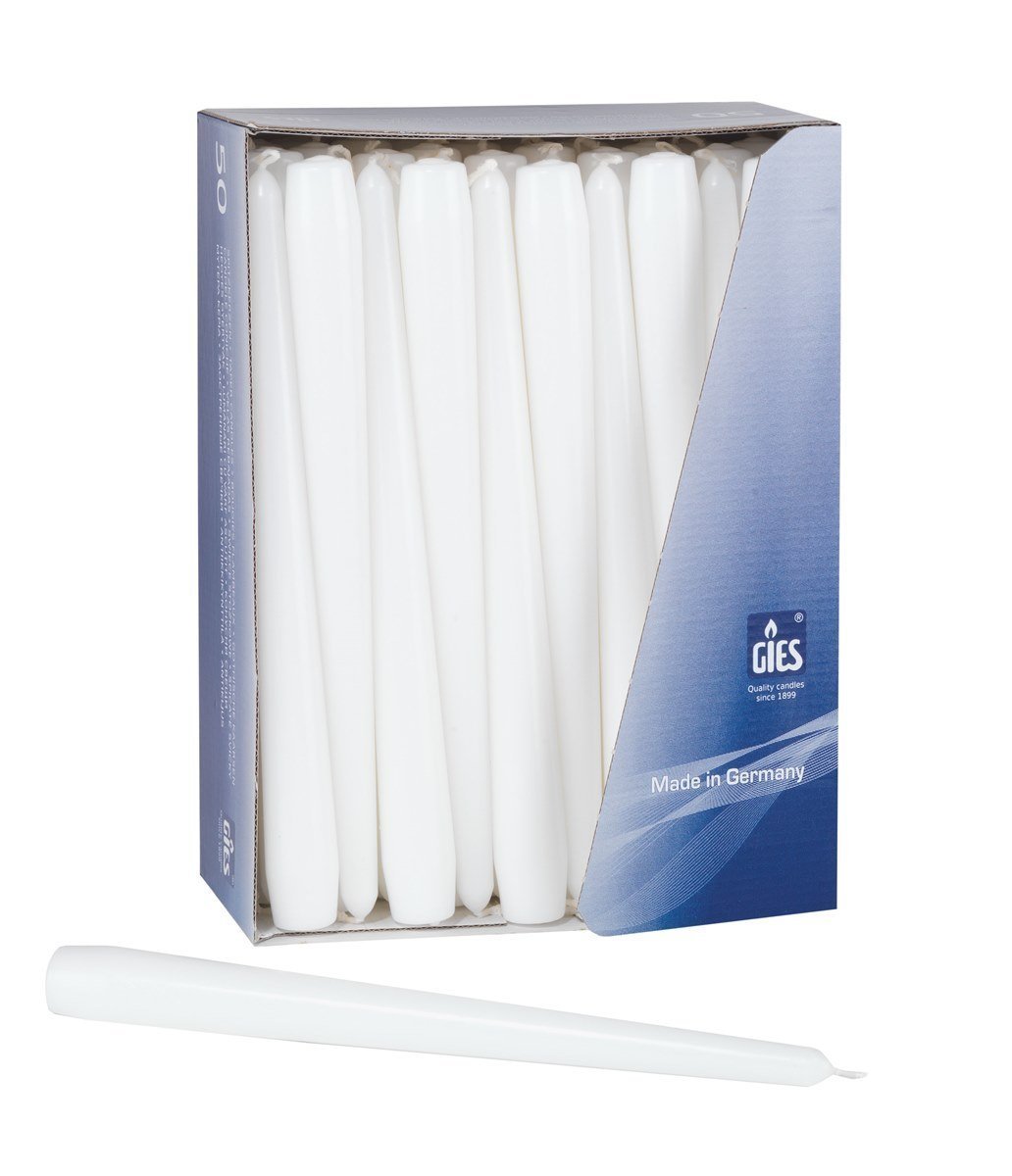 Gies 100er Packung Spitzkerzen Weiss 245 x 23,5 mm | Tafelkerzen Kerze Brenndauer 7 Stunden