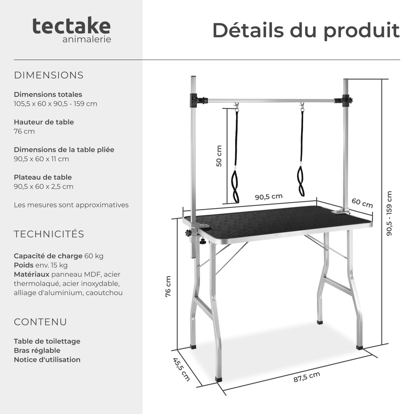 tectake® Table Pliante pour Toilettage du Chien/Chiot/Chat, avec 2X Collier Chien, Surface de Travail Antidérapante 105,5x60x90,5-159 cm, Max. 60kg, Accessoires Kit toilettage Maison, Chiens et Chats