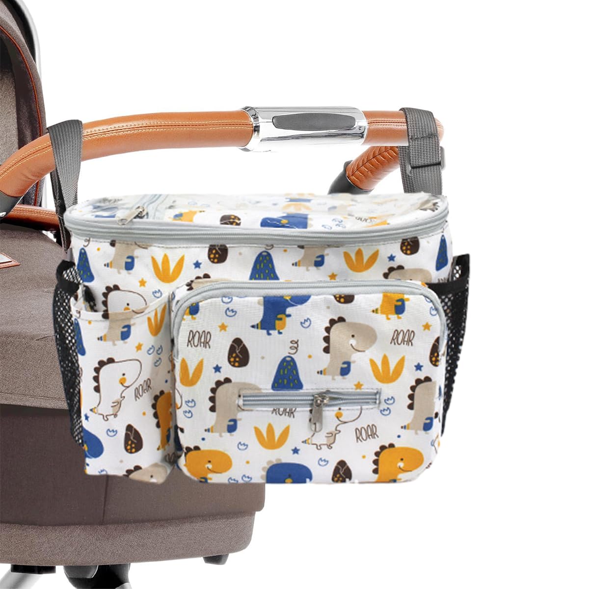 SNOWIE SOFT® Baby Stroller Bag Stroller Organizer Bag Attachable Large Organizer Pouch with Phone Pocket Milk Bottle Holder Water Bottle Holder Snack Bag Stylish Print Organizer Bag Baby Stroller