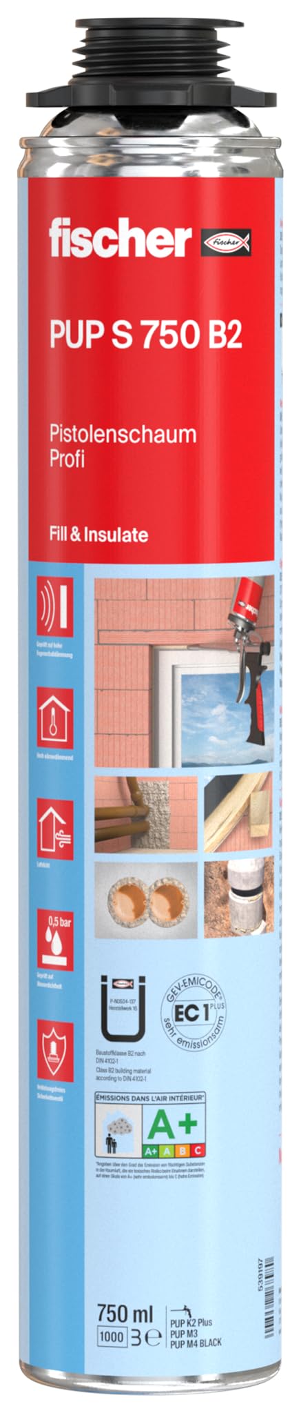 Fischer Pistolenschaum PUP S 750, Montageschaum Für Verfüllung, Dämmung & Isolierung, Luftdichter Und Wasserfester Bauschaum Für Schaumpistolen, 750 Ml