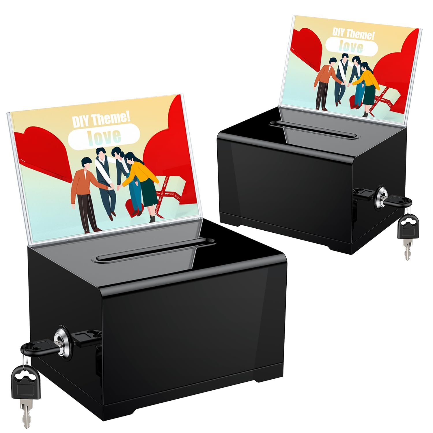 Uniclife 2 Pack 16 x 12 x 10 Acrylic Donation Boxes Suggestion Box with Slot and Lock for Voting Charity Tip Collection Black Plastic Ballot Boxes with Sign Holder Storage Container