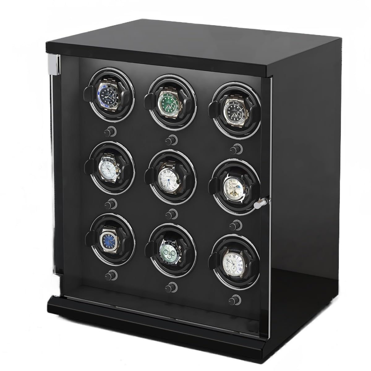 EHVYBDX Watch Winder for 9 Automatic Watches with Ultra-Quiet Motors Wood Case Piano Finish Flexible Pillow for Watches Built-in LED Lighting