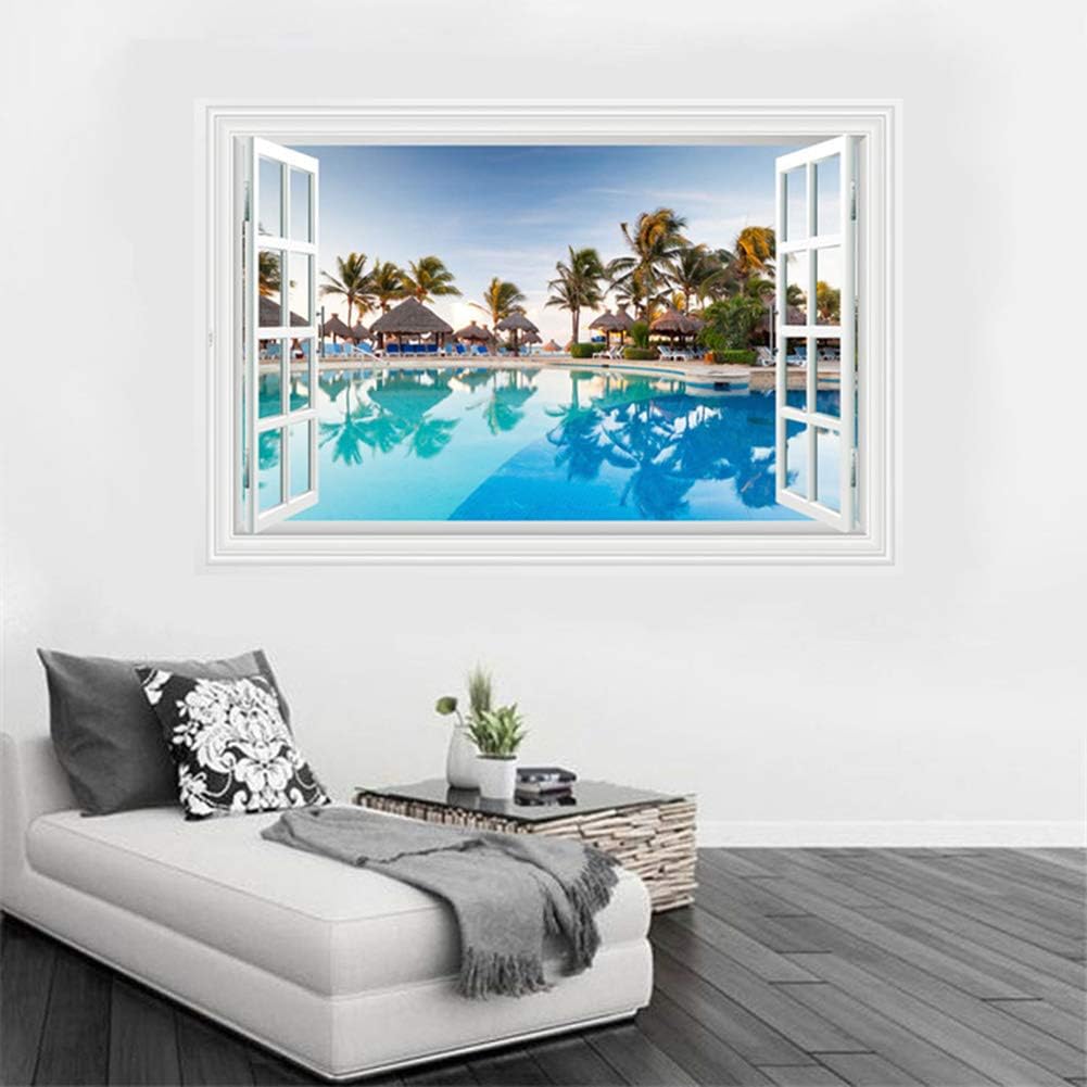 Lichi 3D Fake Window Wall Sticker Mural Decal of Beach Coconut Tree View Scenery with Seaside Pool - Image 3