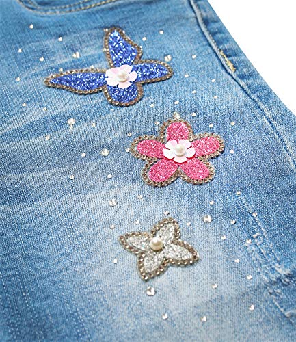 KIDSCOOL SPACE Kids Flowers Butterfly Rhinestone Sticked Pearl Decor Jeans Slim Jeans, Azul, 5-6 ano