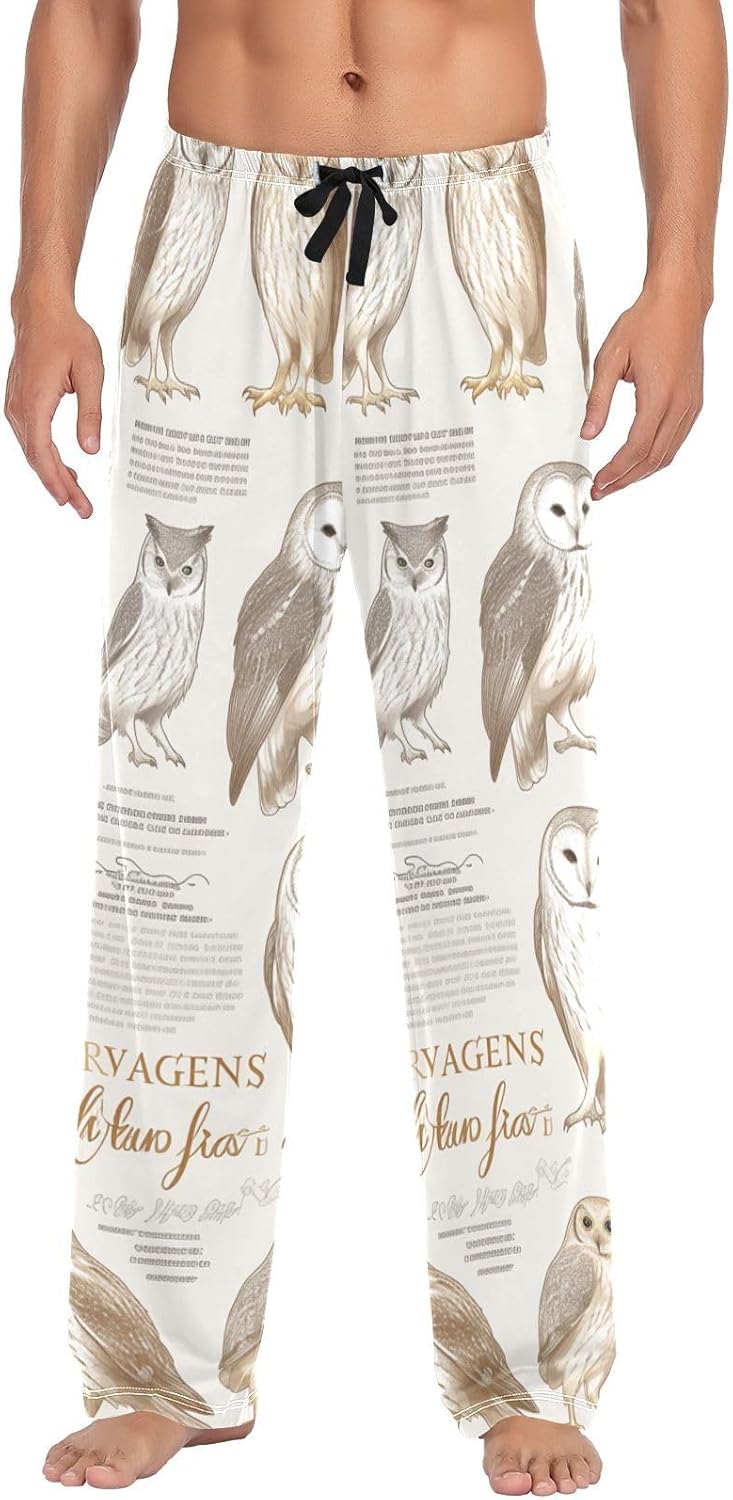 Cartoon Barred Owl Light Gray Men Pajama Bottoms Men Pyjama Bottoms with pockets for Adult Drawstring Medium