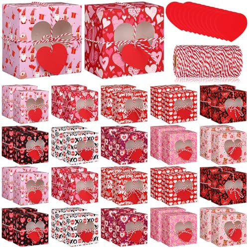 Skyygemm 50 Pcs Valentine's Day Bakery Gift Boxes - Cupcake Containers with Heart Window, Tags, and Rope for Treats