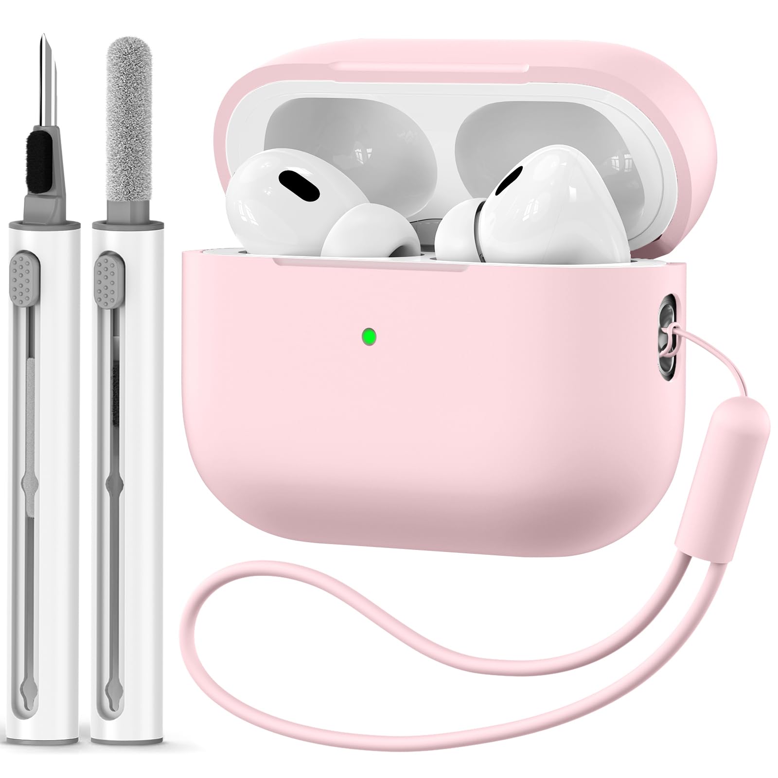 Apple AirPods Pro 2 Case with Cleaner Kit, Soft Silicone Protective Case Cover with Lanyard - Pink