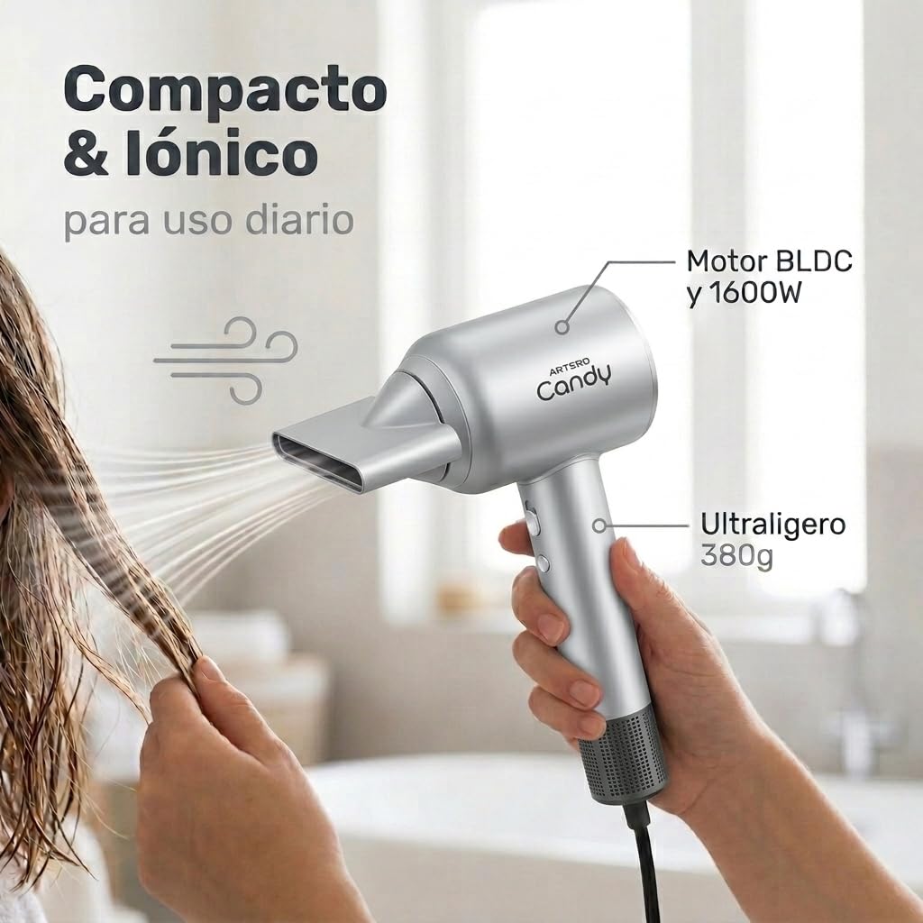 ARTERO Candy Secador Profesional para Peluquería y Barbería — Motor Brushless BLDC 1600W Silencioso, Ultraligero 380g, Compacto, Ergonómico, Boquilla Magnética (Gris)