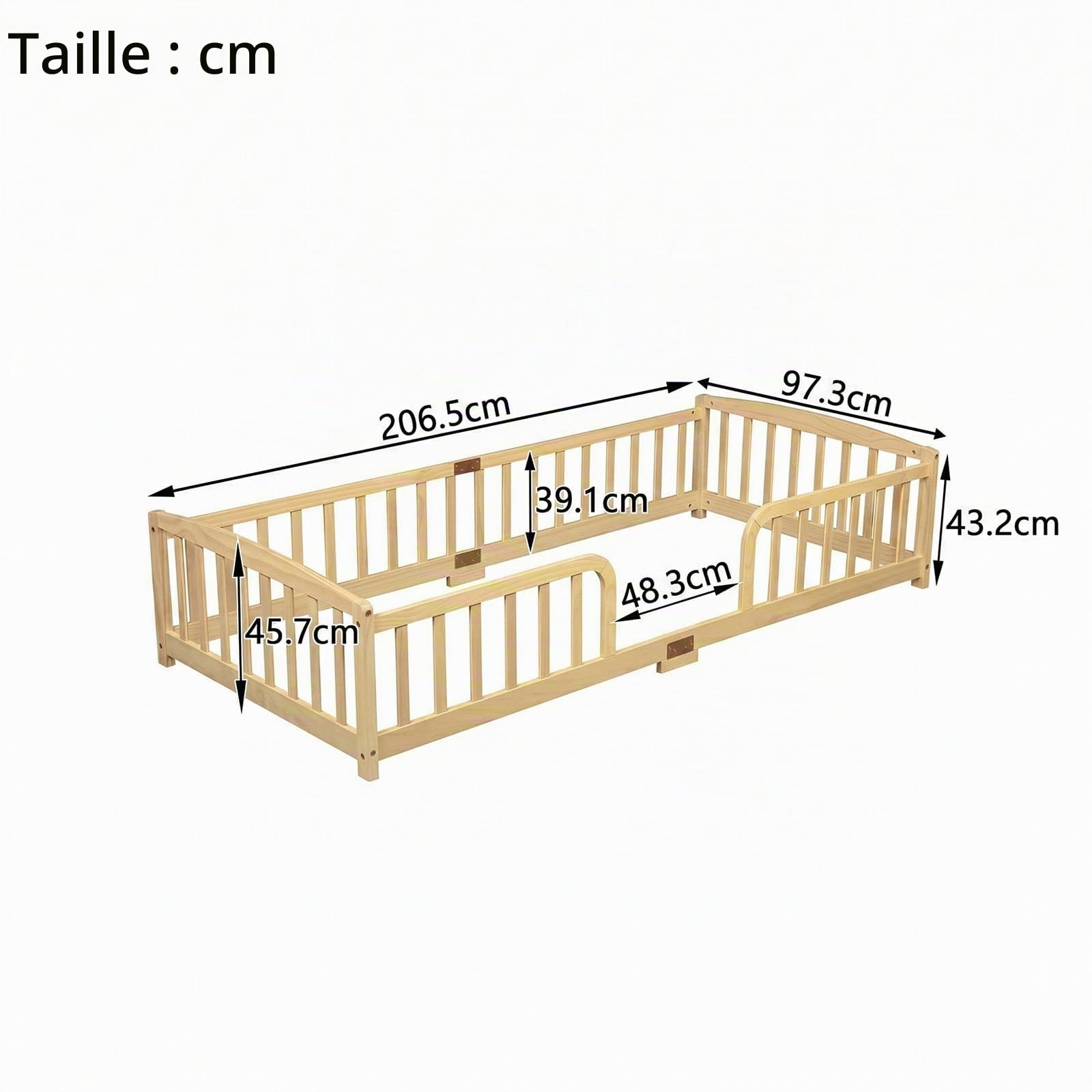 DHHU Lit au Sol 90x200 cm avec barrières de sécurité – Entrée Centrale – Cadre Bas en pin Massif – Lit Enfant pour Transition du Berceau – Montage Facile