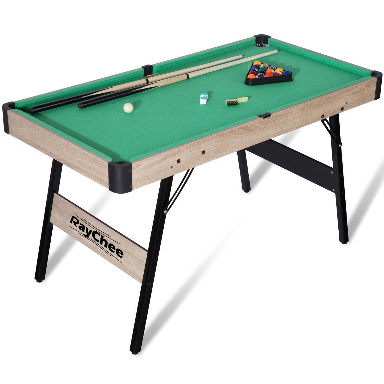 Folding Pool Table, Portable Billiard Game Tables for Kids and Adults, Mini Pool Table with Locking Legs, Adjustable Feet, Balls, Cues, Triangle, Chalk, Brush
