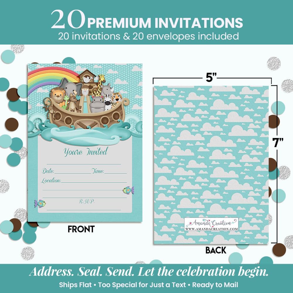 Noah’s Ark Birthday Party or Baby Shower Invitations, 20 5x7 Fill In Cards with Twenty White Envelopes by AmandaCreation