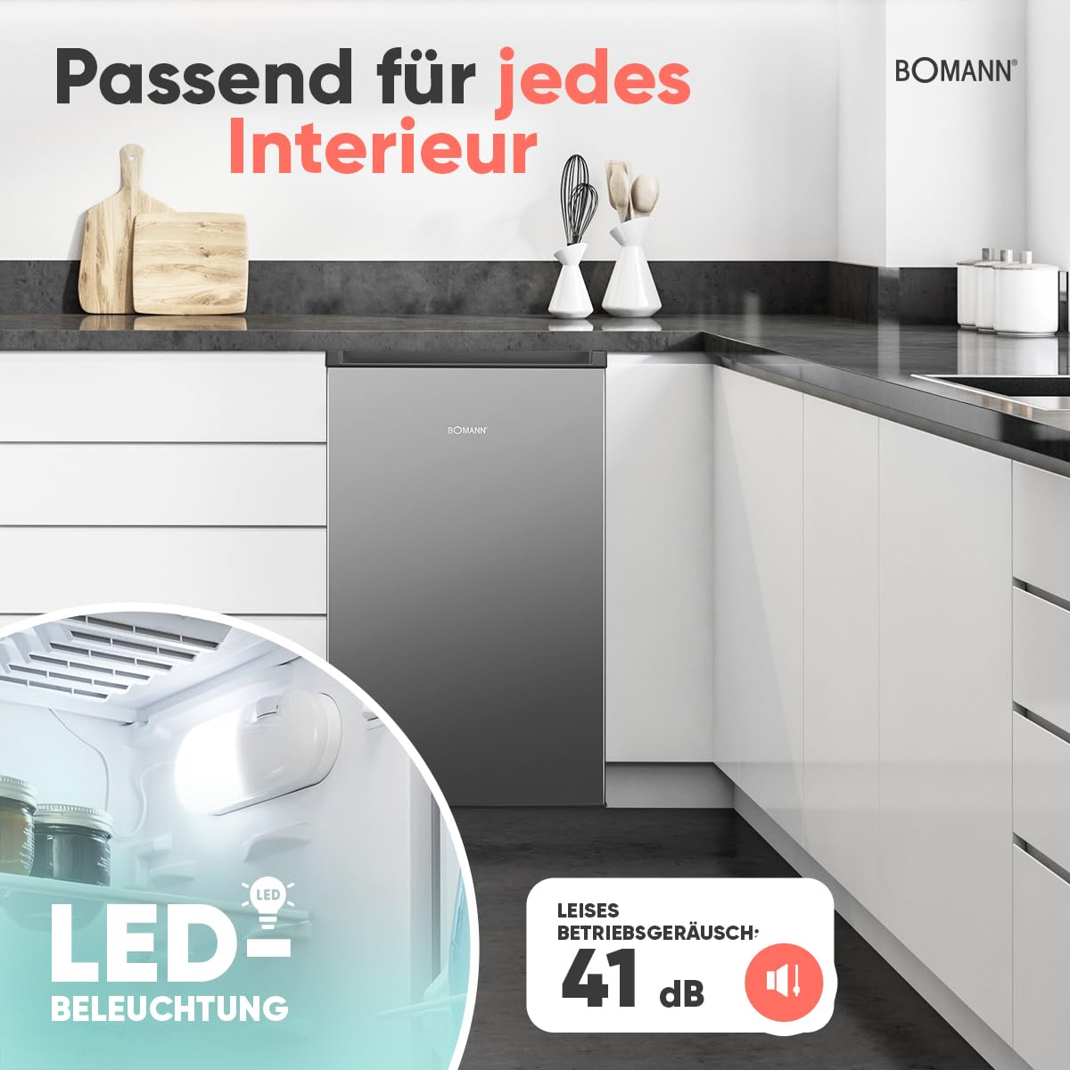 Bomann KS 7257 Kühlschrank 83 Liter Frostfach LED Beleuchtung inox