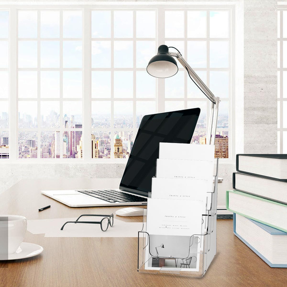 2 supporti per brochure in acrilico, 4 ripiani, 16,5 x 25,4 cm, trasparenti, per volantini, opuscoli, supporto per letteratura da parete e bancone.