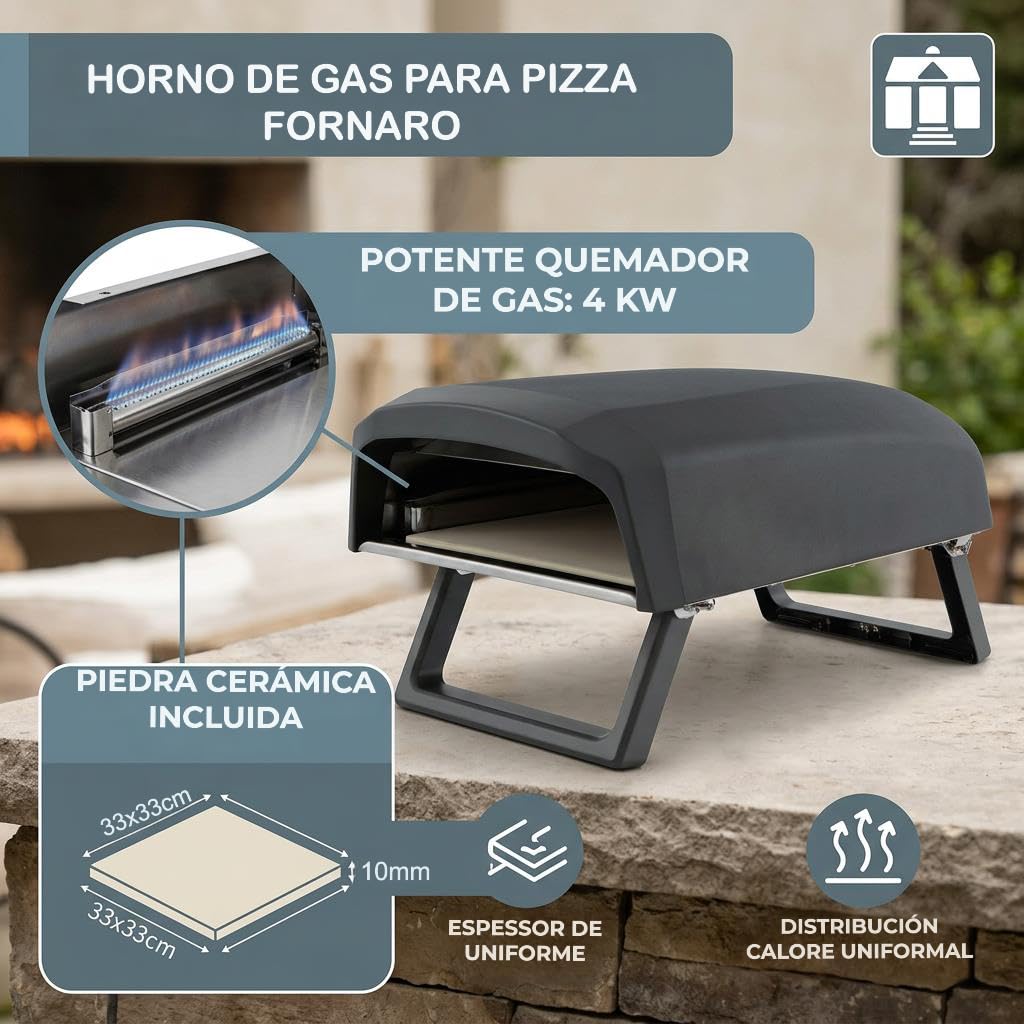 Tarrington House Horno de Gas para Pizza Fornaro, Acero Negro, 64 x 41 cm, con Piedra Cerámica 33 x 33 cm, Quemador 4 kW, Patas Plegables