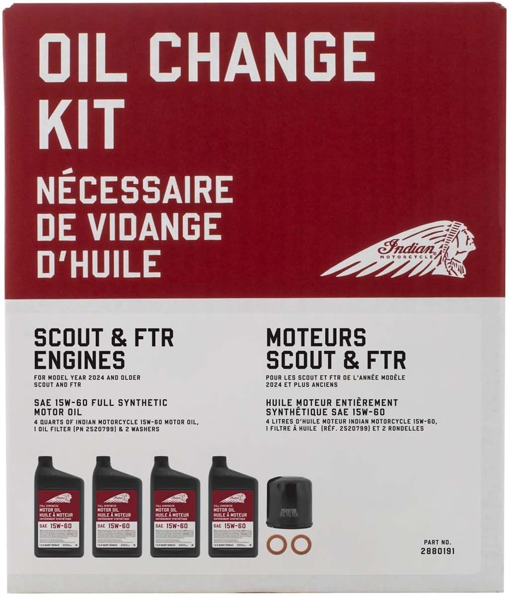 Indian Motorcycle Oil Change Kit for All 60 & 69 Cu In Liquid-Cooled Scout Engines, 4 Quarts 15W-60 Full Synthetic Oil, 1 Oil Filter, 2 Washers, Clutch Performance, Engine Protection - 2880191