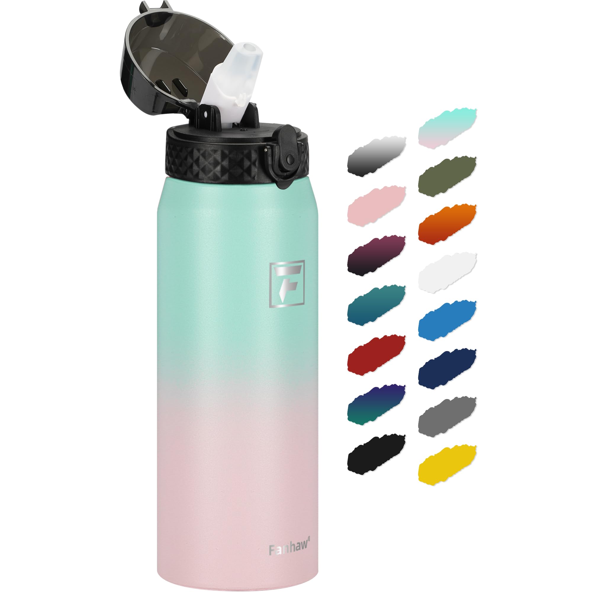 Fanhaw 24oz Kids Stainless Steel Water Bottle with Straw Lid, Green Pink