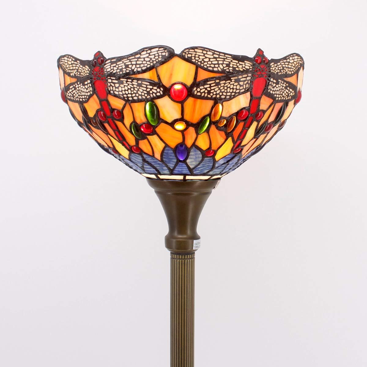 WERFACTORY Tiffany Floor Lamp Orange Blue Stained Glass Dragonfly Light 12X12X71 Inches Torchiere Standing Corner Torch Uplight Decor Bedroom Living Room Home Office S168 Series