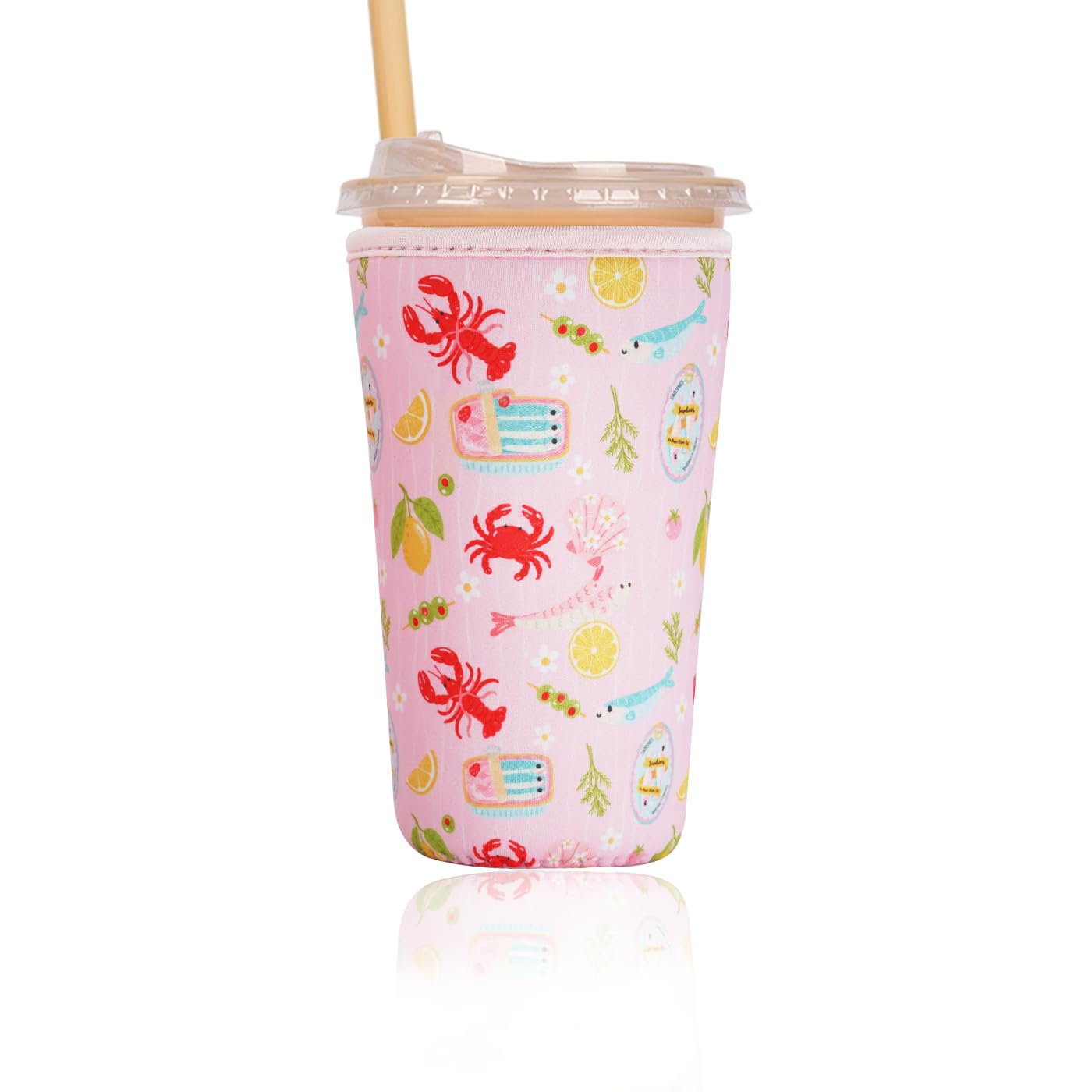 Reusable Insulated Sleeve for Iced Coffee Cup, Coffee Neoprene Sleeve for Cold &amp; Hot Drinks, Beverage Holder for Iced Coffee (Coastal Catch, Large: 32oz)