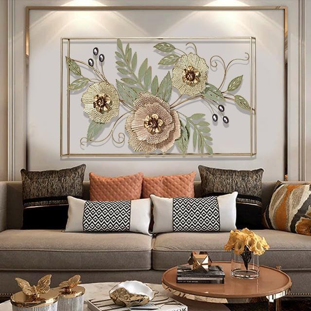 Image of ZOVE Forever Blooms Openwork Floral Wall Art | Framed Metal Artwork with Pastel Pink & Cream Blossoms | Metallic Finish Hanging Flower Decor for Living Room & Bedroom (40 x 20 Inch)