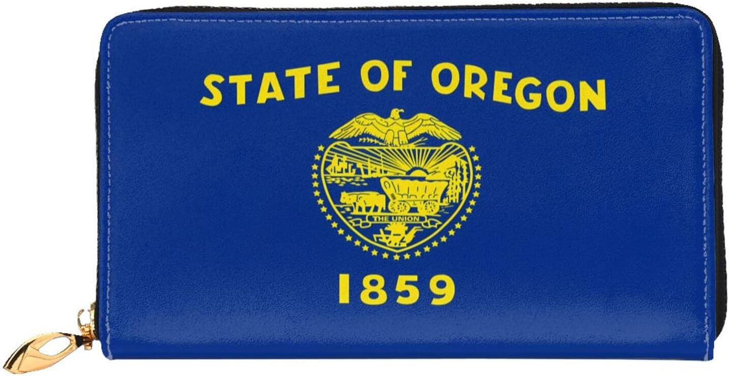 Oregon State Flag Long Zip Around Wallet for Women, Large Capacity RFID Leather Wristlet Wallet with 12 Card Slots Coin Purse, Fashion Clutch Purse with Wrist Strap