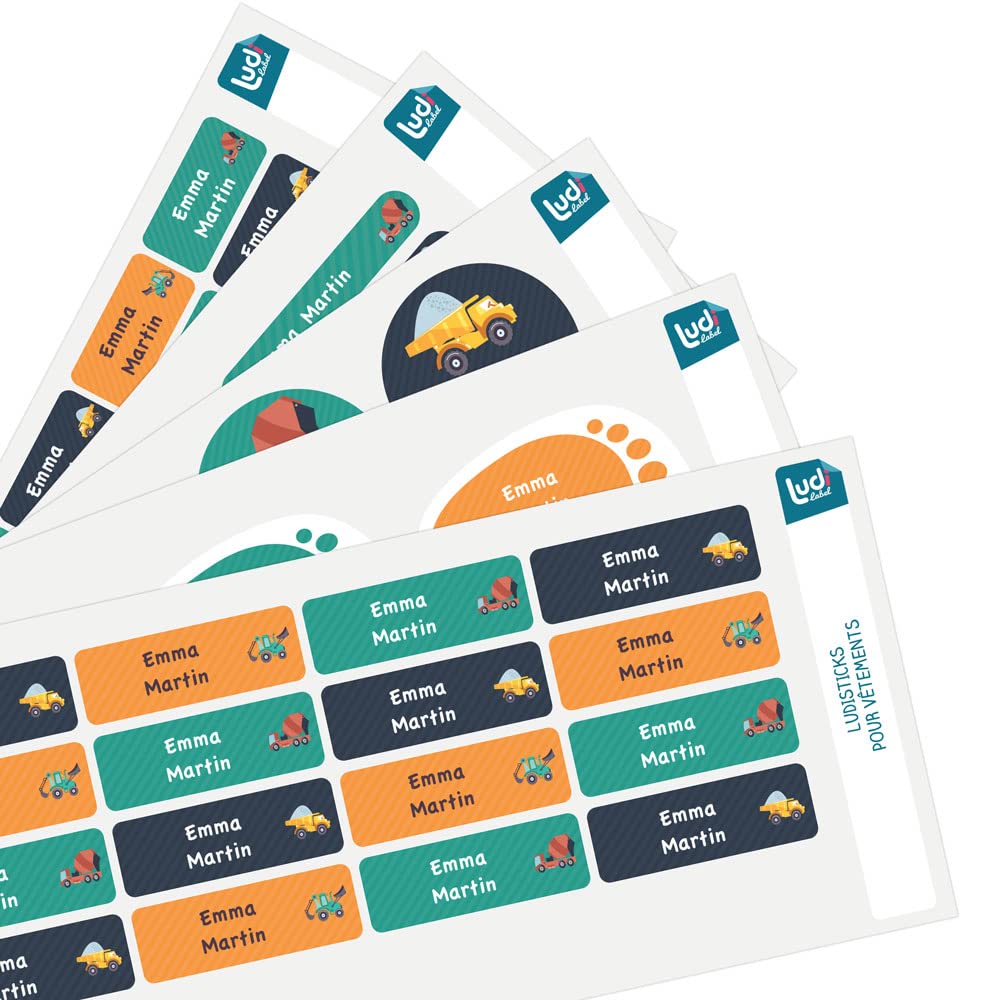 Packung mit 164 Namensetiketten (Nominetts), personalisiert, zum Markieren von Krippen oder Kindergarten (Kleidung und Artikel) – Baustelle