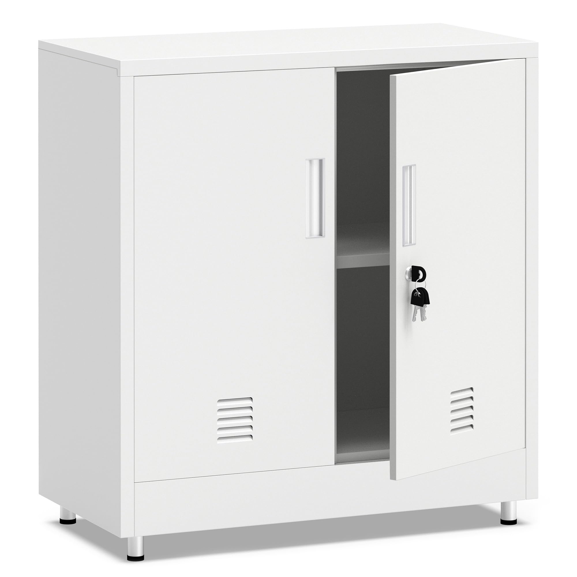 JINKUR Metal Storage Cabinet with Locking Doors and Adjustable Shelf, Small Lockable Sideboard Buffet Cabinet for Home, Office, Entryway, Hallway, Living Room, Kitchen and Dining Room (White)
