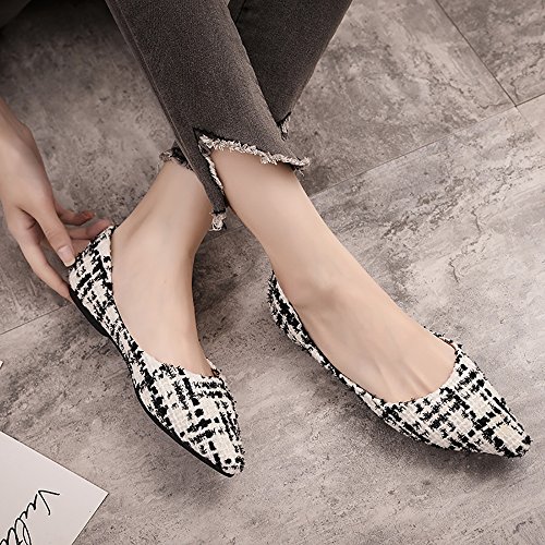 Meeshine Womens Classic Pointy Toe Ballet Flats Slip On Plaid Dress Flat Shoes White-02 US 8 - Thumbnail 2
