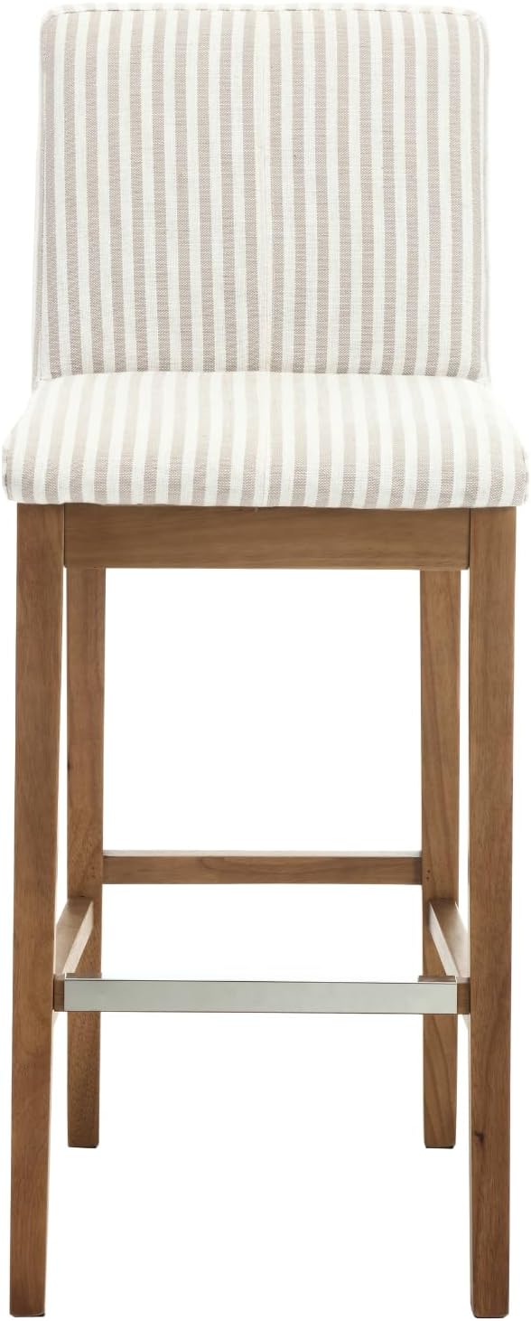 Bar Stools for Kitchen Island Set of 4, Linen Fabric Upholstered Wood Barstools with Back, 30 Inch Mid Century Stool Chairs for Home Bar/Patio/Cafe/Restaurant, Khaki Stripe