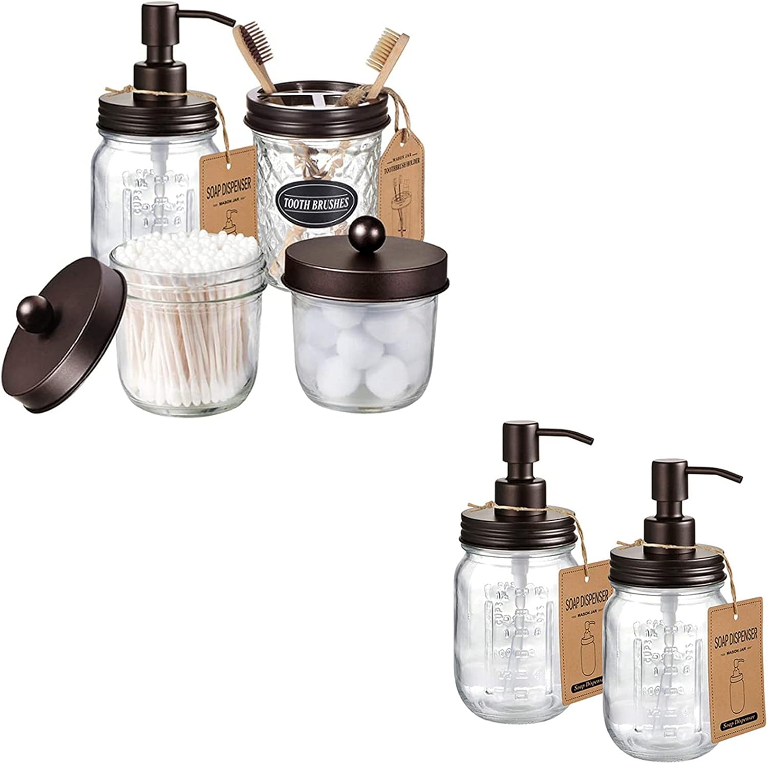 Amolliar 4PCS & 2pcs Bronze Mason Jar Bathroom Accessories Set-3pcs Lotion Soap Dispenser & 2pcs Cotton Swab Holder &1pcs Toothbrush Holder,Waterproof Stickers,Rustic Farmhouse Decor