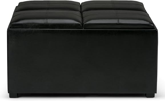 SIMPLIHOME Avalon Wide Contemporary Square Coffee Table Storage Ottoman, Midnight Black, Table Ottoman