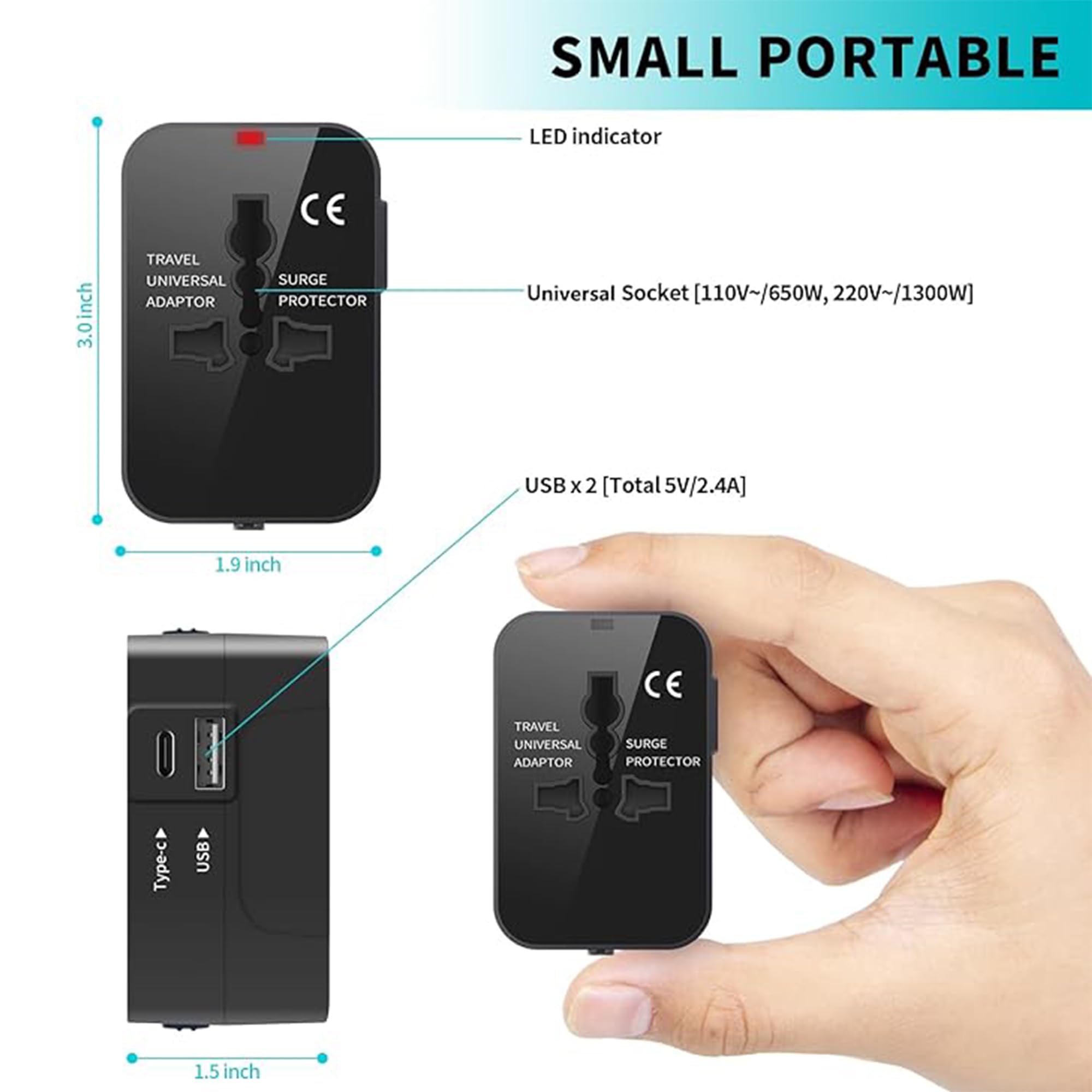 EYUVAA LABEL Universal Travel Adapter with Type-C & USB-A Ports| All-in-One International Travel Adapter| Power Plug Adapter Type C Charger for Phone, Laptop, Mobile, Camera, Tablet (Black) 4