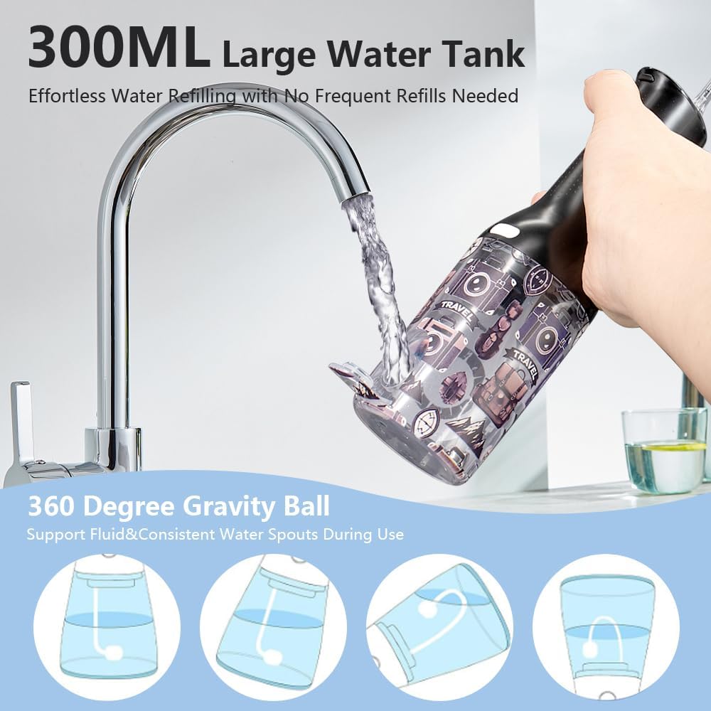 SARMOCARE Water Dental Flosser showing a hand refilling the 300ML water tank under a faucet, with an illustration of the 360-degree gravity ball for consistent water flow.