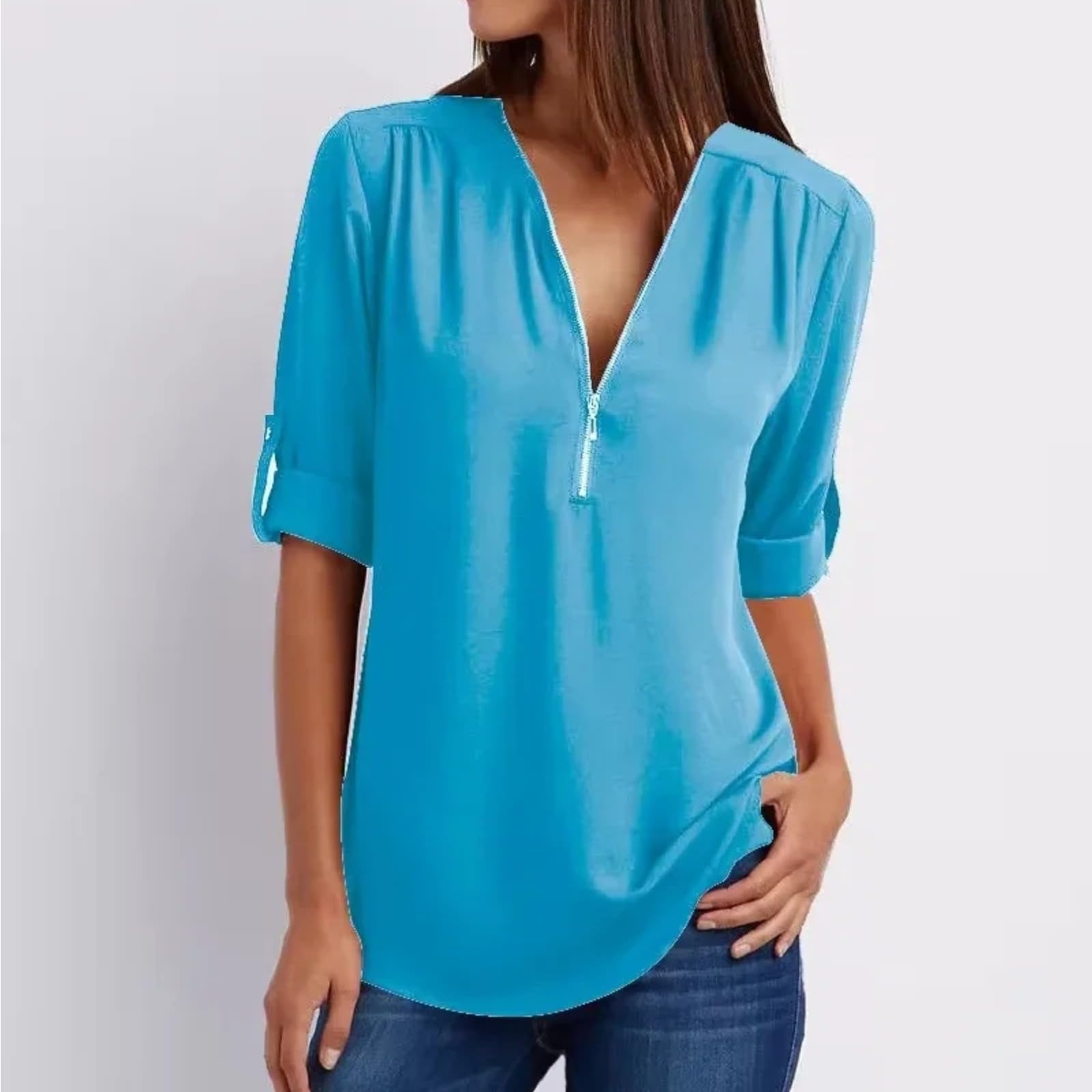 Blusa Mujer Cuello V Gasa con Cremallera Corte Holgado