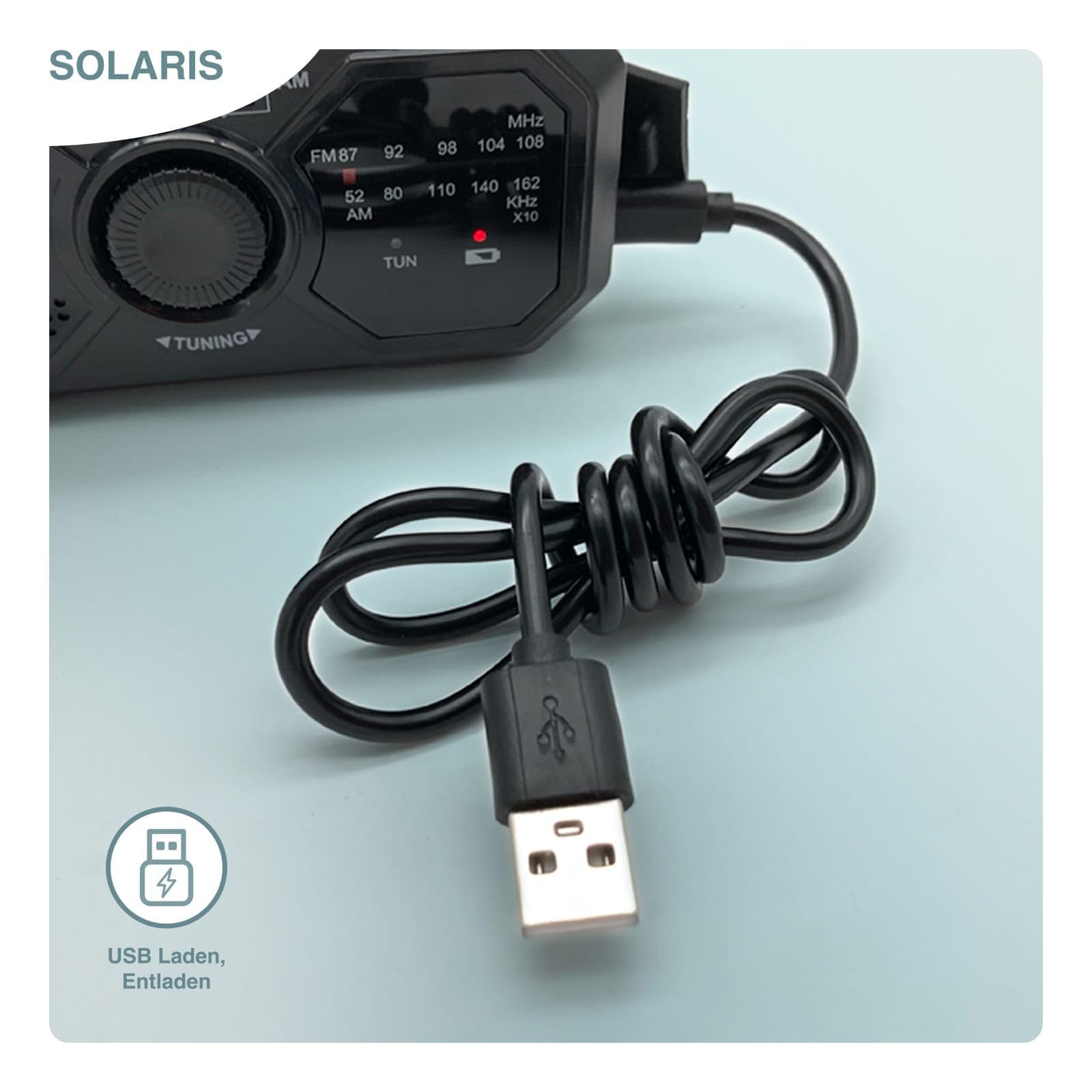 SOLARIS Tragbarer Kurbelradio mit integrierter Taschenlampe, Solarpanel und Handkurbel-Ladefunktion.