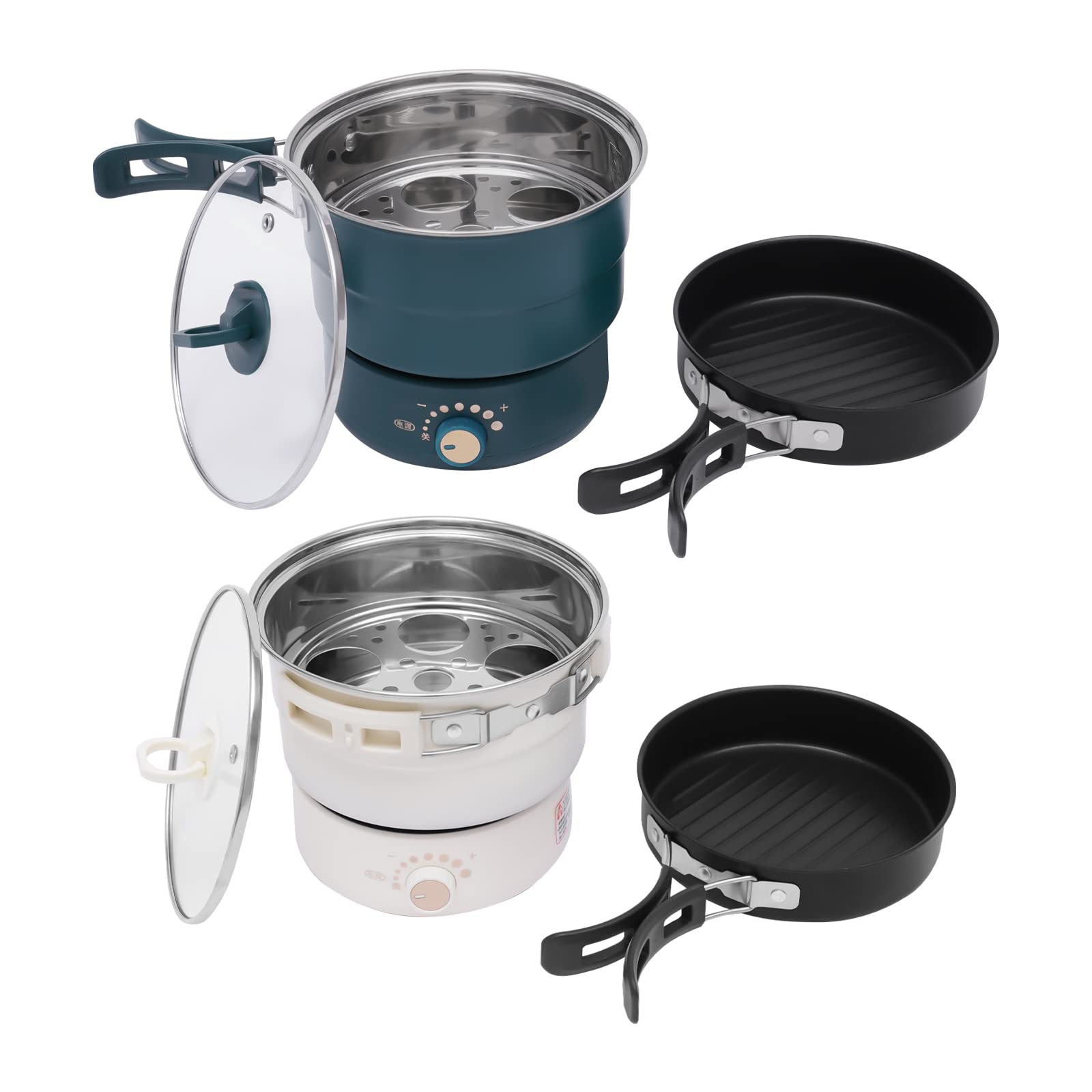 Hot Pot Electric with Foldable Handles, 1.6L Portable Electric Cooker with Egg Steamer Rack, Lid and Bamboo Spatula, Bamboo Spatula with Base, Rapid Noodles Cooker for 1-2 People (Green)