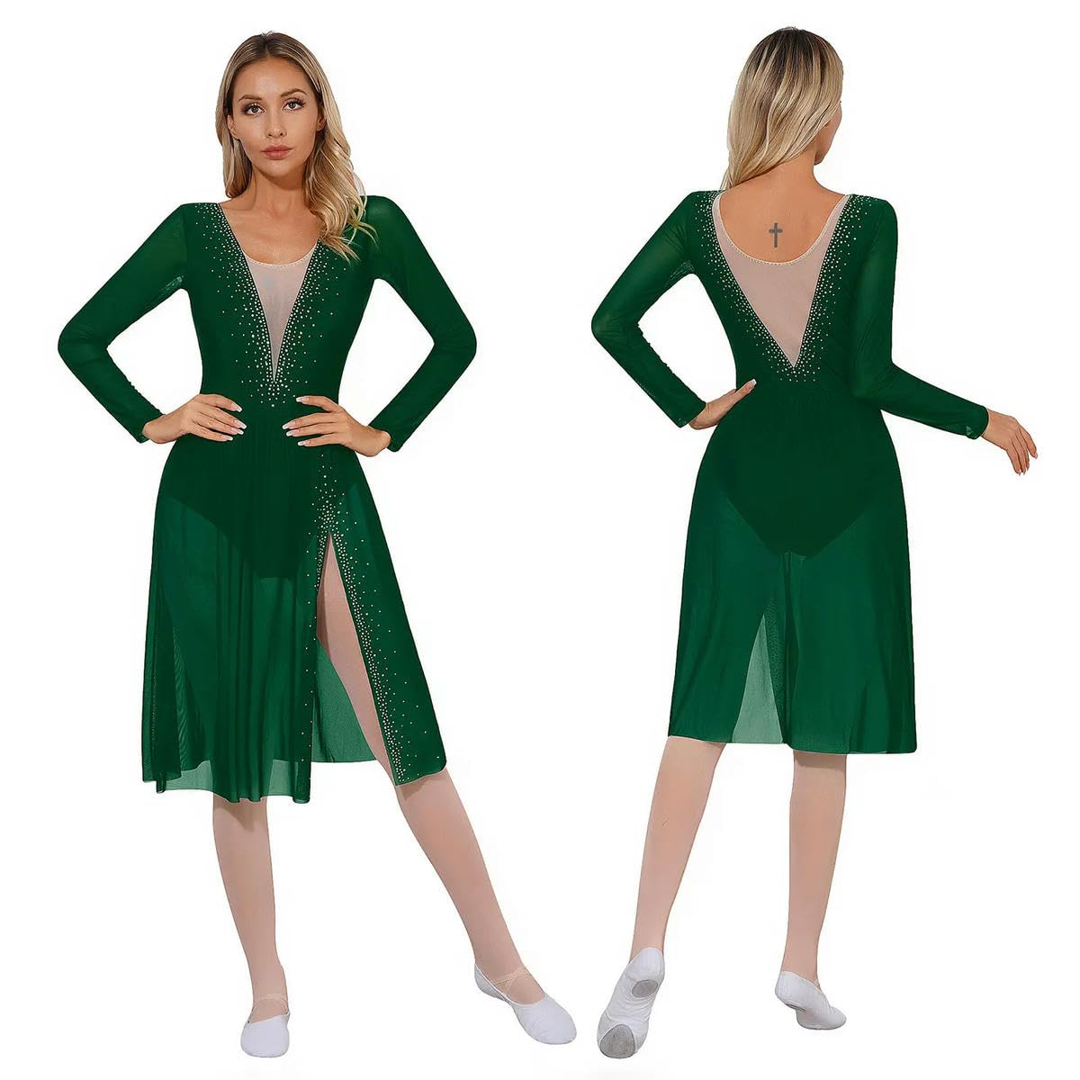 Vestido de baile lírico para mujer, disfraz de patinaje artístico latino, manga larga, abertura lateral, ropa de baile