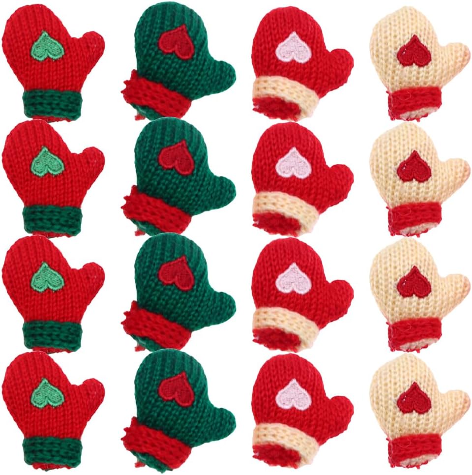 Homoyoyo 16Pcs Mini Mittens for Dolls: Christmas Knit Gloves Dollhouse Mittens Tiny Doll Ornaments Assorted Color Handmade Plush Knit for DIY Hairpin Accessories Mini Christmas Tree for Boys Girls
