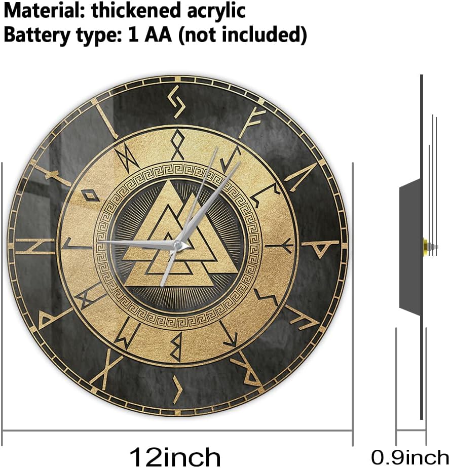 12 Inch Scandinavian Viking Design Valknut Wall Clock, Vintage Futhark Viking Runes Worrior Norse Print Wall Clock Accurate Silent Non Ticking Battery Operated for Man Cave Bedroom Farmhouse