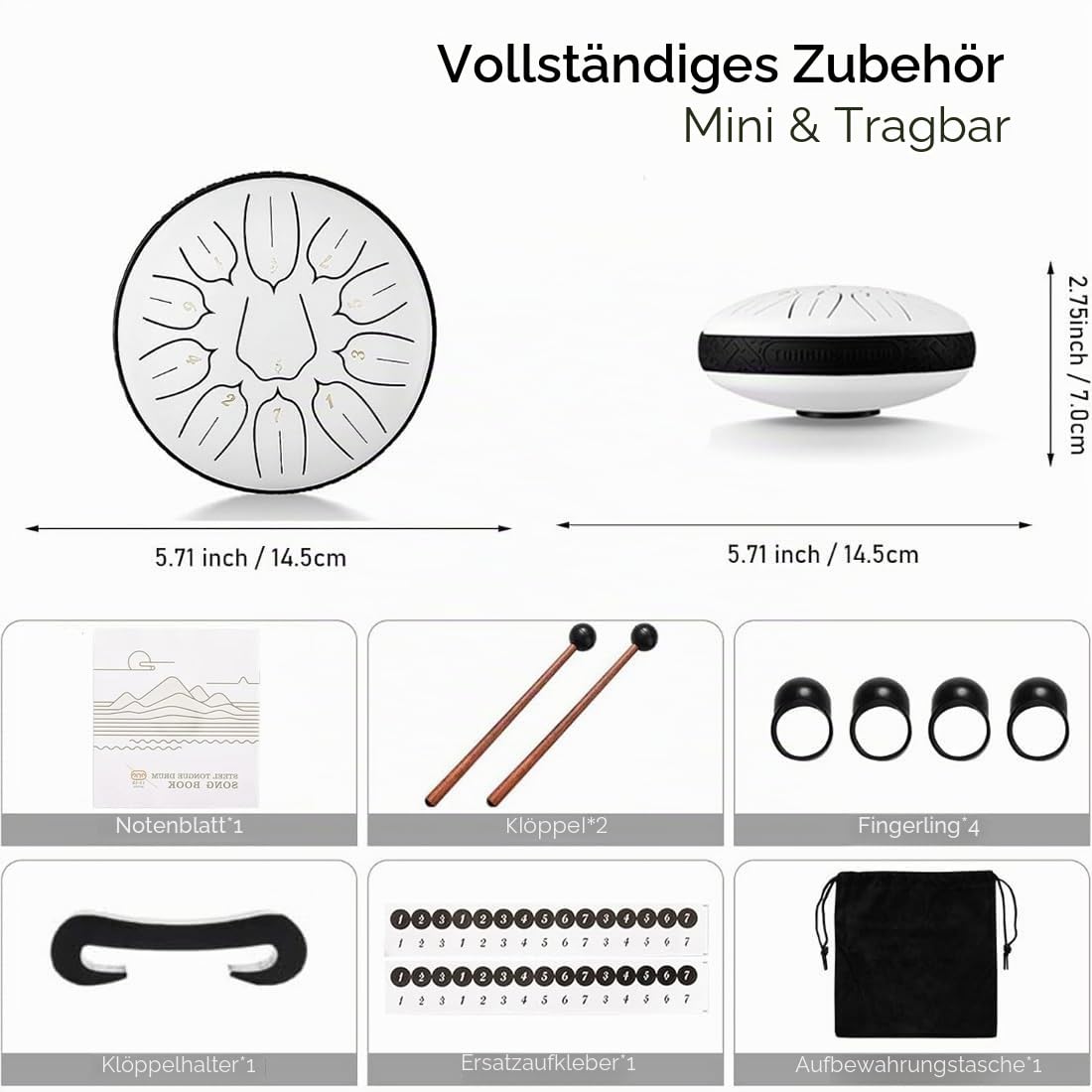 Zungentrommel, 6 Zoll 11 Noten D-Dur Steel Tongue Drum mit Musikbuch, Trommelschlägeln, Steel Pan Töne Schlaginstrument Schlagzeug Anfänger für Meditation Yoga (Golden, 6 Zoll, 11 Töne)