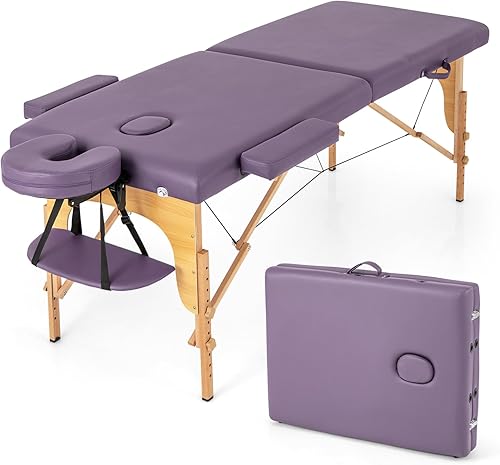 Giantex Mesa de masaje, cama de masaje portátil con funda de transporte, 2 secciones de salón de spa, cama de tatuaje de cuidado facial, altura