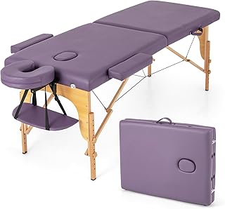 Giantex Massage Table, Portable Massage Bed w/Carrying Case, 2-Section Salon Spa Facial Care Tattoo Bed, Height Adjustable, Wood Frame, Professional Massage Lash Bed for Eyelash Extension (Purple)