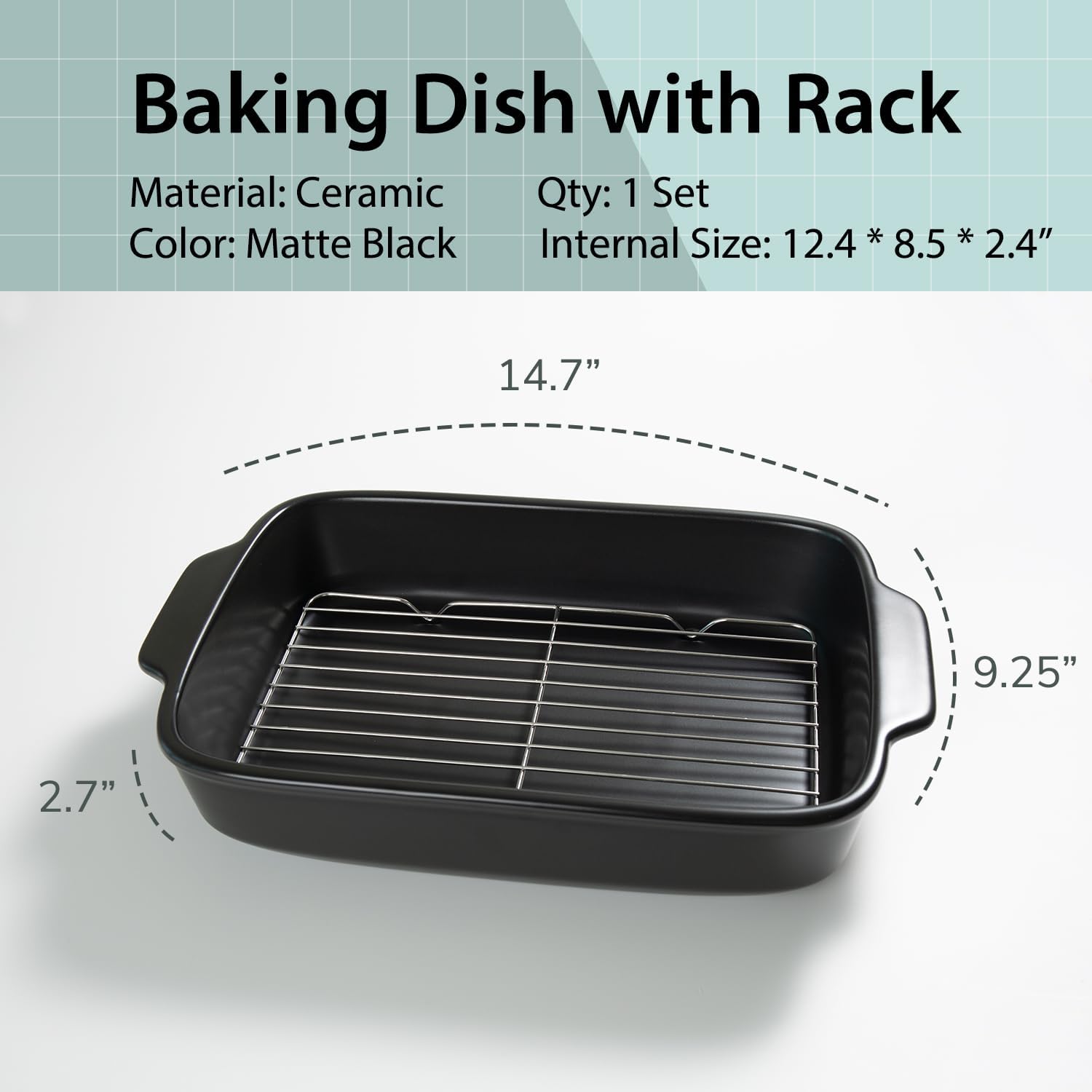 Ceramic Baking Dish with Rack, 13x9" Roasting Pan, Bakeware Dish, Black